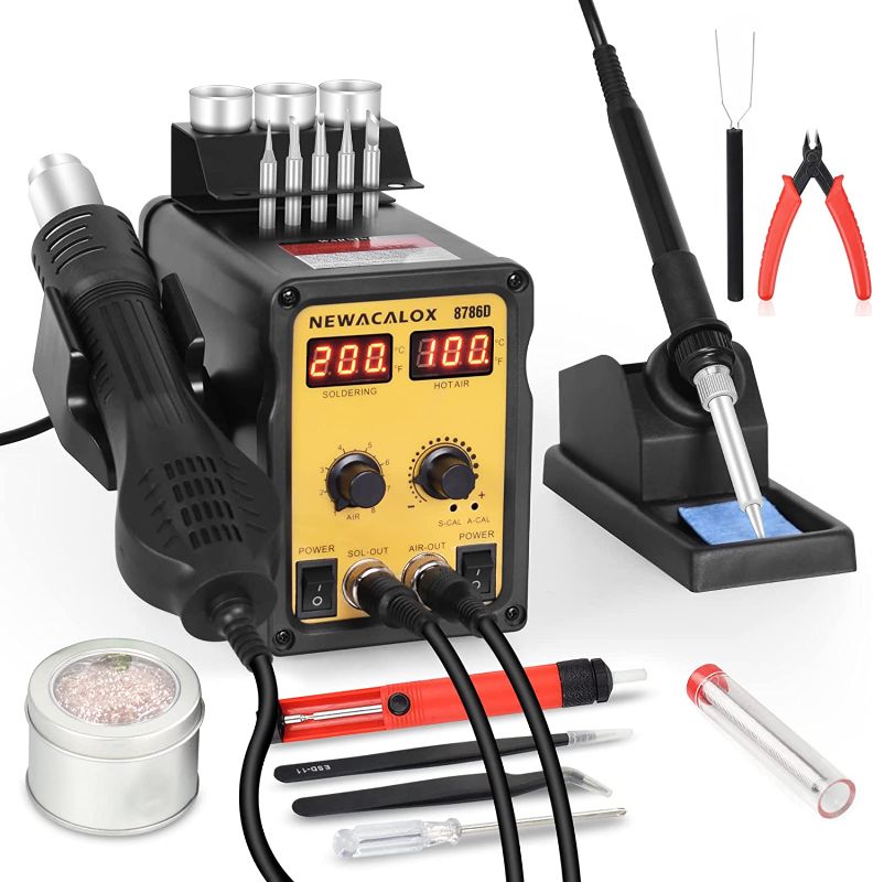 Photo 1 of 2 in 1 Hot Air Soldering Rework Station, NEWACALOX °F /°C Display Anti-static Desoldering-Gun Station with Stand / 3 Air Nozzles / 5 Solder Tips, AirSpeed /Temp Adjustable
