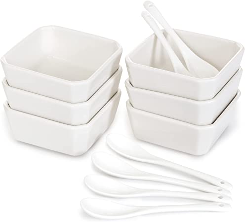 Photo 1 of  Set of 6-ounce white porcelain bowls – 6 small bowls and 6 serving spoons, sturdy ceramic cups, oven and dishwasher safe, for sauces, desserts and snacks