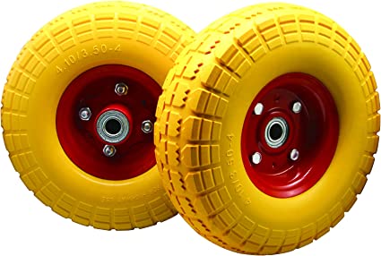 Photo 1 of 10 inch free flat tires 4.10/3.5-4 solid rubber wheels with 5/8 inch central bearings , spare wheels for hand truck/ wheelbarrow/garden utility cart, generator 2 pcs orange 