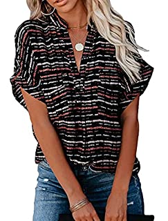 Photo 1 of Allimy Women Summer Casual Short Sleeve V Neck Striped Tunics Chiffon Tops Work Blouses Black Medium