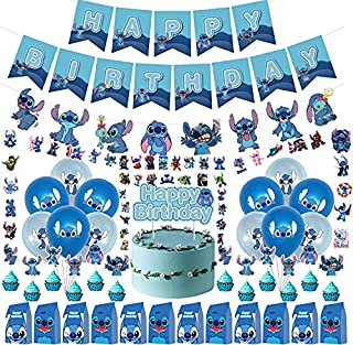 Photo 1 of 90Pcs Birthday Party Supplies For Lilo and Stitch Includes Birthday Party Banner - Cake Topper -Lilo and Stitch Banner - 12 Cupcake Toppers - 12 Gift Bag -12 Balloons - 50 Stitch Stickers