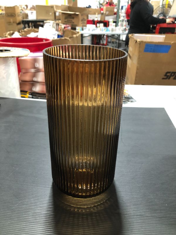 Photo 2 of 12" X 5.75" Ribbed Glass Vase Amber - Threshold