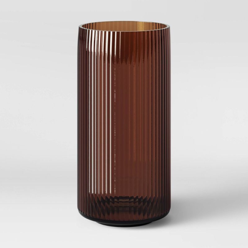 Photo 1 of 12" X 5.75" Ribbed Glass Vase Amber - Threshold