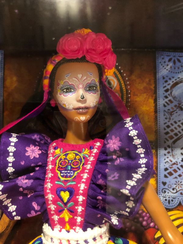 Photo 4 of Barbie 2022 Día De Muertos Doll Wearing Traditional Ruffled Dress, Flower Crown & Calavera Face Paint, Gift for Collectors