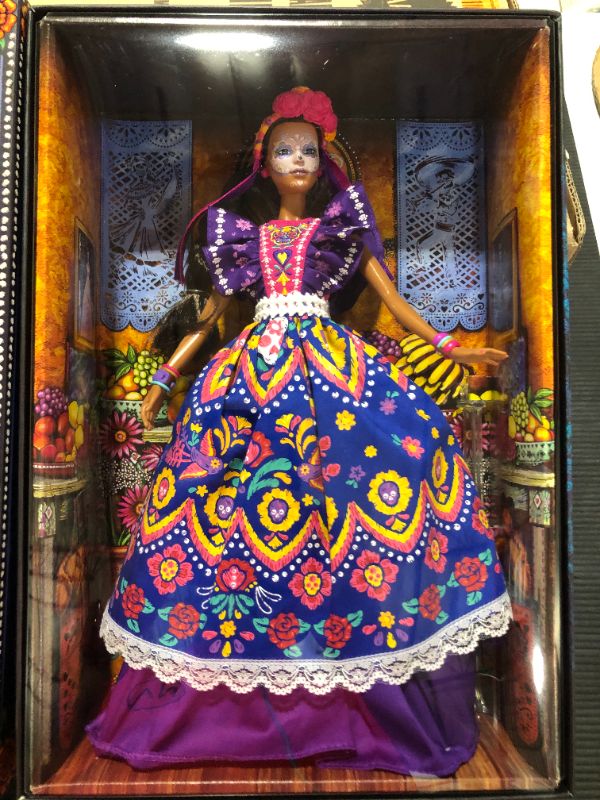 Photo 3 of Barbie 2022 Día De Muertos Doll Wearing Traditional Ruffled Dress, Flower Crown & Calavera Face Paint, Gift for Collectors