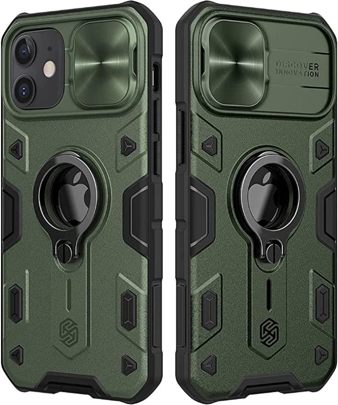 Photo 1 of CloudValley Compatible with iPhone 12, 12 Pro Case with Camera Cover & Kickstand, Slide Lens Protector + 360° Rotate Ring Stand, Green Armor Style, Impact-Resistant, Shockproof, Protective Bumper
