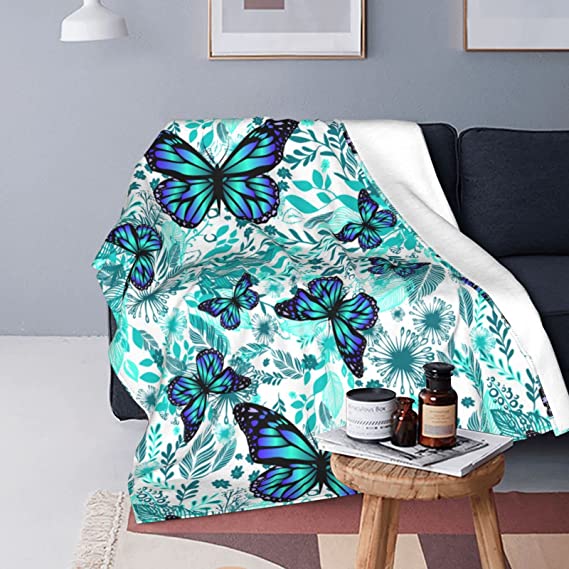 Photo 1 of Blue Floral with Butterflies Blanket Cozy Soft Throw Blanket for Couch Sofa Bedding Living Room, Warm Plush Flannel Blankets for Boys Girls Men Women 50"x40"
