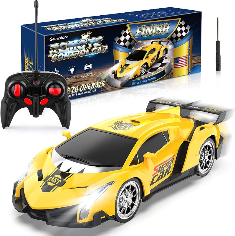 Photo 1 of Growsland Remote Control Car, RC Cars Xmas Gifts for Kids 1/18 Electric Sport Racing Hobby Toy Car Yellow Model Vehicle with Lights and Controller Kids Toys Gifts for 4 5 6 7 8-12 Year Old Boys Girls 