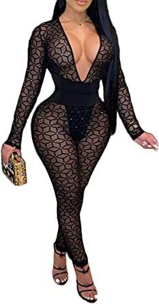Photo 1 of [Size XL] Uni Clau Women One Piece Outfits Mesh Sheer Bodycon Jumpsuit Long Sleeve See Through Party Jumpsuits [Black]