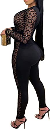 Photo 2 of [Size XL] Uni Clau Women One Piece Outfits Mesh Sheer Bodycon Jumpsuit Long Sleeve See Through Party Jumpsuits [Black]