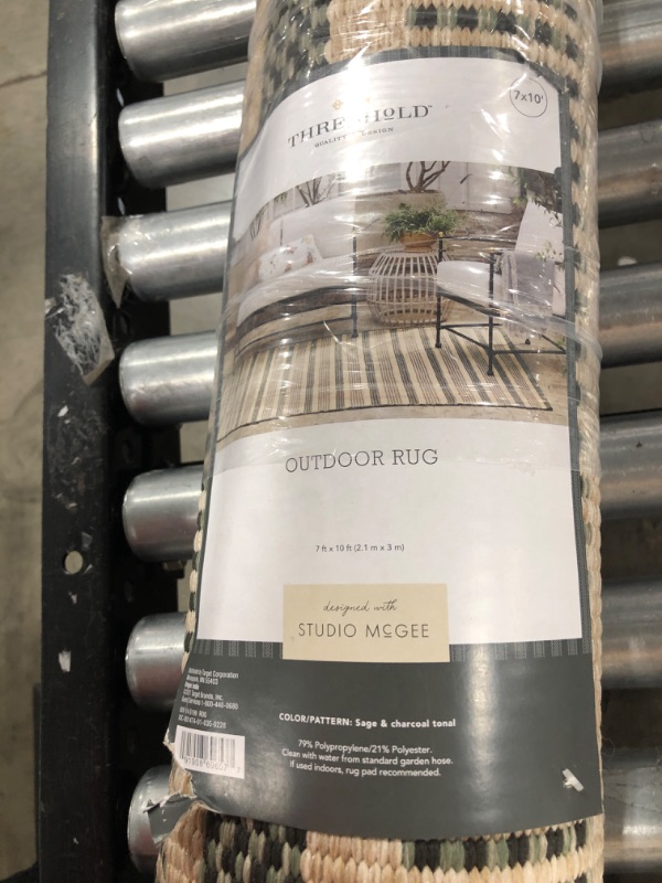 Photo 1 of 7' X 10' Powerloom Stripe Outdoor Rug Sage/Charcoal Gray - Threshold™ Designed with Studio McGee
