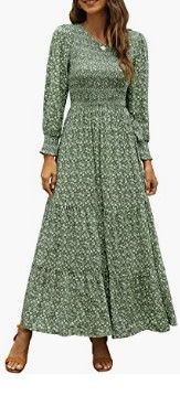Photo 1 of Annebouti Women Round Neck Long Sleeve Boho Floral Smocked Tiered Maxi Dress
