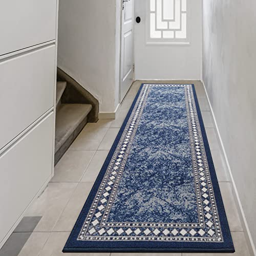 Photo 1 of Antep Rugs Alfombras Modern Bordered 2x10 Non-Skid (Non-Slip) Low Profile Pile Rubber Backing Indoor Area Runner Rugs (Navy Blue, 2' X 10')
