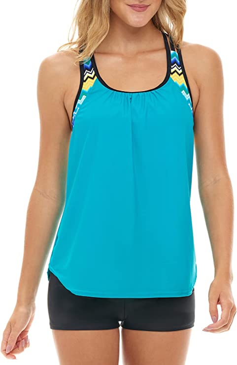 Photo 1 of [Size S] Aleumdr Womens Blouson Striped Printed Strappy T-Back Push up Tankini Top with Shorts