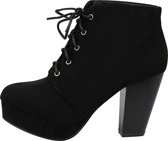 Photo 1 of [Size 8] Forever Camille-86 Women's Comfort Stacked Chunky Heel Lace Up Ankle Booties [Black]