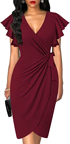 Photo 1 of [Size 2XL] oten Women's Faux Wrap Sheath Deep V Neck Ruffle Sleeve Casual Cocktail Party Work Pencil Dress [Burgandy]