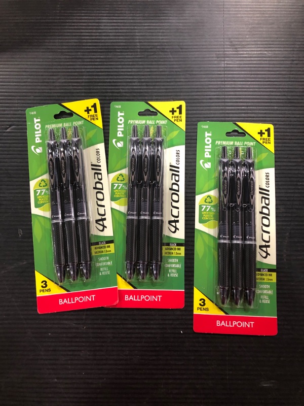 Photo 2 of 3 PACK OF THE Pilot 3ct Acroball Colors Ballpoint Pens Medium Point 1.0mm Black Ink

