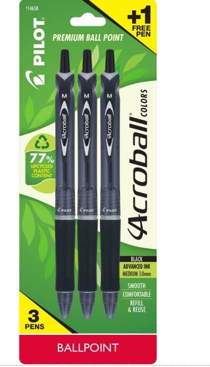 Photo 1 of 3 PACK OF THE Pilot 3ct Acroball Colors Ballpoint Pens Medium Point 1.0mm Black Ink

