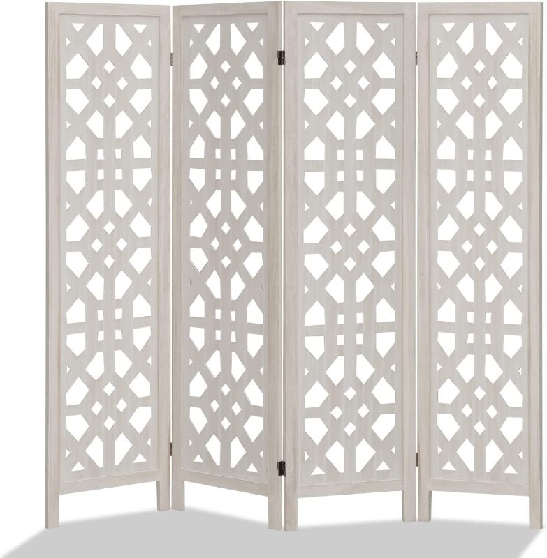 Photo 1 of 4 Panel Wooden Room Divider 5.6Ft Vintage Cutout Wood Folding Privacy Screen Panels Hollow Design, Freestanding Partition Room Divider Screen for Living Room, Bedroom, Restaurant, Study (Cream White)
