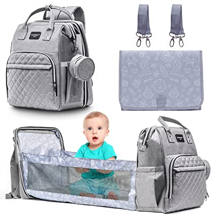 Photo 1 of Baby Diaper Bag Backpack with Changing Station - 3 in 1 Foldable Diaper Bag for Baby Boys & Girls, Portable in Travel, Bassinet, Pad, Travel, Bed, Baby Registry Gift for mom dad– Gray/Grey
