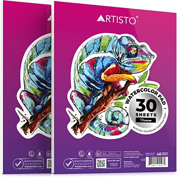 Photo 1 of Artisto Watercolor Pads 9x12”, Pack of 2 (60 Sheets), Glue Bound, Acid-Free Paper, 140lb (300gsm), Perfect for Most Wet & Dry Media, Ideal for Beginners, Artists & Professionals
