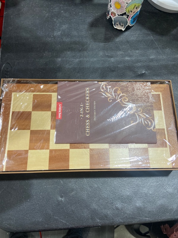 Photo 2 of AMEROUS 15 Inches Magnetic Wooden Chess and Checkers Set (2 in 1) - Folding Board -Gift Box Packed -24 Cherkers Pieces -2 Extra Queens - Chessmen Storage Slots