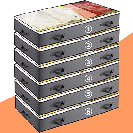 Photo 1 of 6 Pack Underbed Storage Bags, Foldable Under Bed Container Bins Organizer for Clothes, Linen, Blanket, Sweater, Duvet, Shoes with Clear Window and 4 Handles, 40x20x6 in(6)
