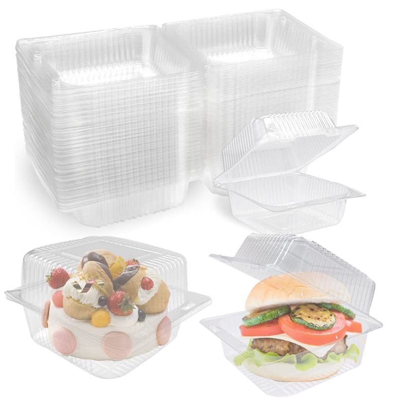 Photo 1 of 100 Pcs Clear Plastic Square Hinged Food Container,Disposable Clamshell Dessert Container with Lid for Fruit,Salad,Sandwiches,Cupcake(5x4.7x2.8 in)
