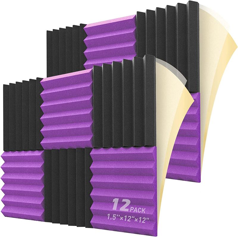 Photo 1 of 12 Pack Self-adhesive Sound Proof Foam Panels, 1.5" X 12" X 12", Acoustic Foam Panels with High Density 6 wedges,Soundproof Foam Panels for Decreasing Noise and Echoes (Black+Purple)
