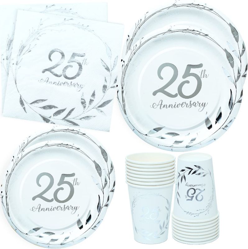 Photo 1 of FVABO 25th Anniversary Decorations Tableware - Silver 25th Anniversary Wedding Party Supplies Include Plates, Cups, Napkins, 25 Years Silver Wedding Anniversary Decorations | Serves 24
