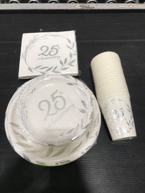 Photo 2 of FVABO 25th Anniversary Decorations Tableware - Silver 25th Anniversary Wedding Party Supplies Include Plates, Cups, Napkins, 25 Years Silver Wedding Anniversary Decorations | Serves 24
