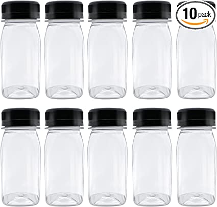 Photo 1 of 10 Pcs 4 Ounce Plastic Juice Bottles, Reusable Bulk Beverage Containers for Juice, Milk and Other Beverages, Black lid
