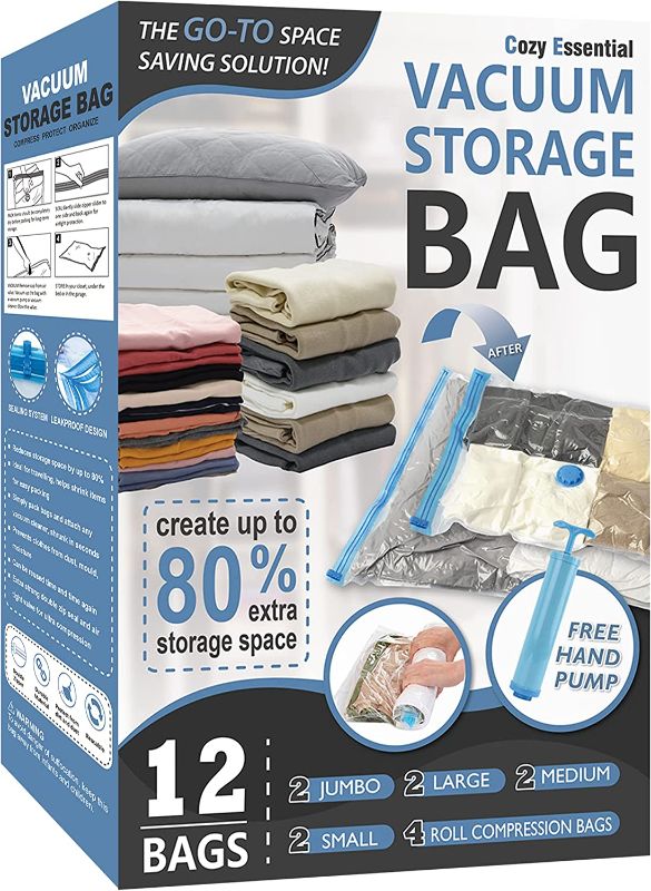 Photo 1 of 12 Pack Vacuum Storage Bags, Space Saver Bags (2 Jumbo/2 Large/2 Medium/2 Small/4 Roll) Compression Storage Bags for Comforters and Blankets, Vacuum Sealer Bags for Clothes Storage, Hand Pump Included
