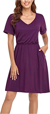 Photo 1 of ANRILITA Summer Dresses for Women 2022 V Neck Elastic Waist Short Sleeve Casual Swing Dress with Pockets, XL