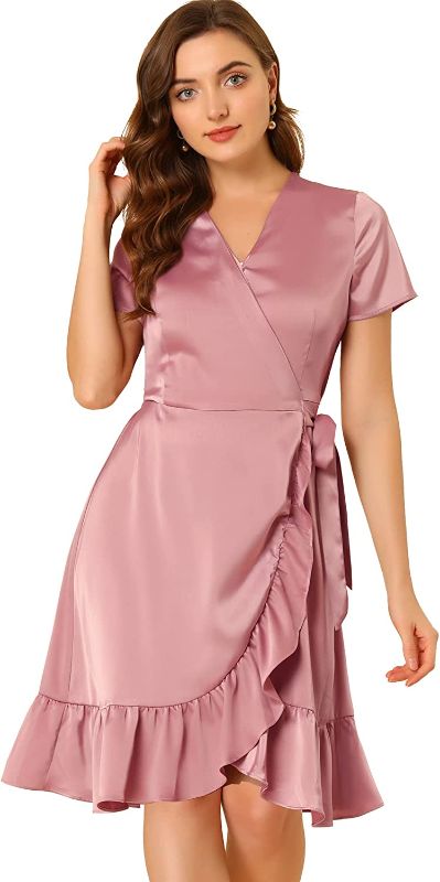 Photo 1 of Allegra K Women's Ruffle Hem V-Neck Tie Waist Short Sleeve A-Line Satin Wrap Dress, XL