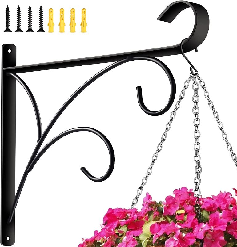 Photo 1 of 2 Pack Plant Hanger Bracket Hook Outdoor: 12'' Wall Plant Hanging Basket for Wind Chimes Lantern Sign and Bird Feeder - Exterior Wrought Iron Hang Holder for Garden Fence and Tree
