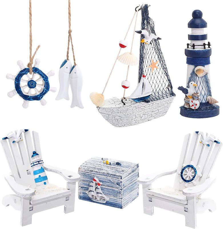 Photo 1 of 7 Pieces Adirondack Beach Chair Wooden Box Wooden Lighthouse Mini Sailboat Anchor Wooden Fish Hanging Starfish Model Christmas Tree Ornament Decoration Aquarium Decor Fish Tank Landscape Ornament
