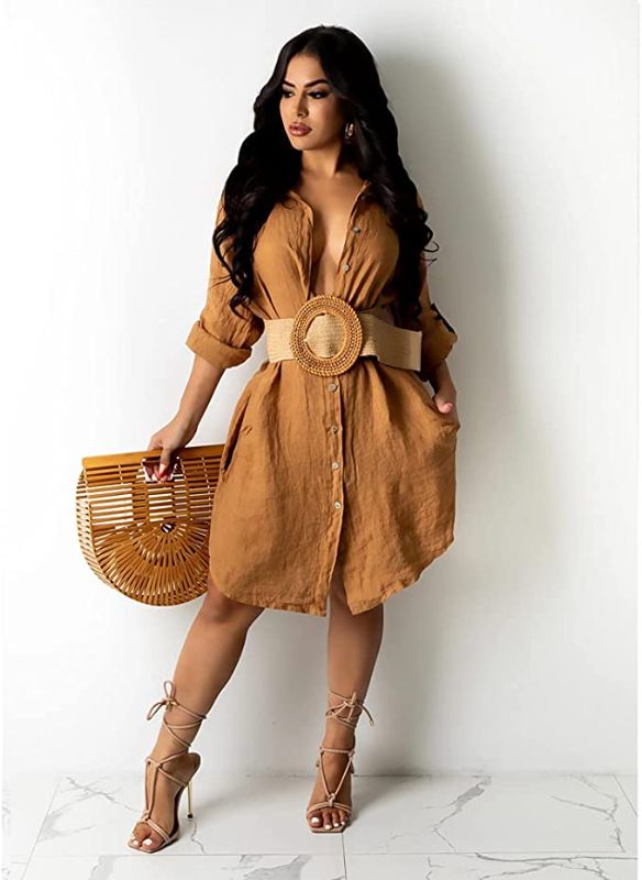 Photo 1 of acelyn Womens Summer Casual V-Neck Button Down T-Shirt Dress Half Sleeve Loose Swing Shift Mini Dress with Pocket S