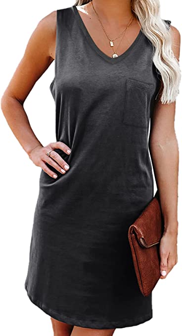 Photo 1 of Actloe Womens Dresses Casual Summer Tank Dresses V Neck Solid Sleeveless Dress with Pocket XL