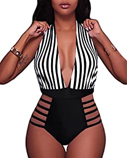 Photo 1 of Aqua Eve Women Sexy One Piece Swimsuits Halter Plunge V Neck Cutout Bathing Suits, Black and White Stripes-1, X-Large