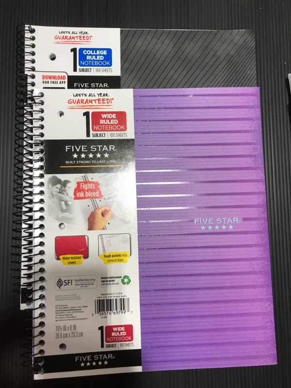 Photo 1 of [2 Pack] Five Star 1 Subject Wide Ruled Spiral Notebook [Purple & Black] 