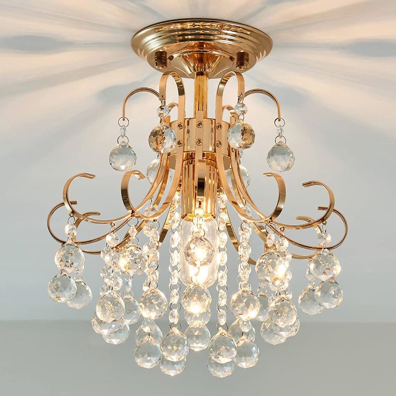 Photo 1 of YYJLX Modern Small Crystal Chandelier Semi Flush Mount E26 Ceiling Light Fixture Ceiling Lamp for Hallway Closet Livingroom Bathroom Closet Bedroom Foyer ?Rose Gold?