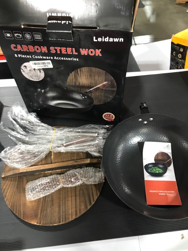 Photo 2 of 12.6"Carbon Steel Wok - 11Pcs Woks and Stir Fry Pans with Wooden Handle and Lid