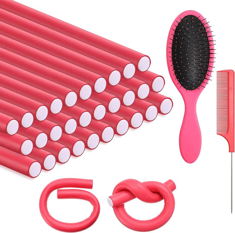 Photo 1 of 30 piece flexible curling rods no heat hair rods rollers with steel long comb,and detangling brush 