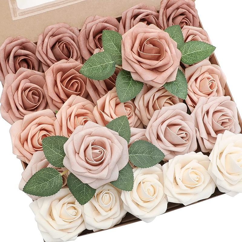 Photo 1 of Floroom Artificial Flowers 25pcs Real Looking Morandi Peach Ombre Colors Foam Fake Roses with Stems for DIY Wedding Bouquets Bridal Shower Centerpieces Party Home Decorations
