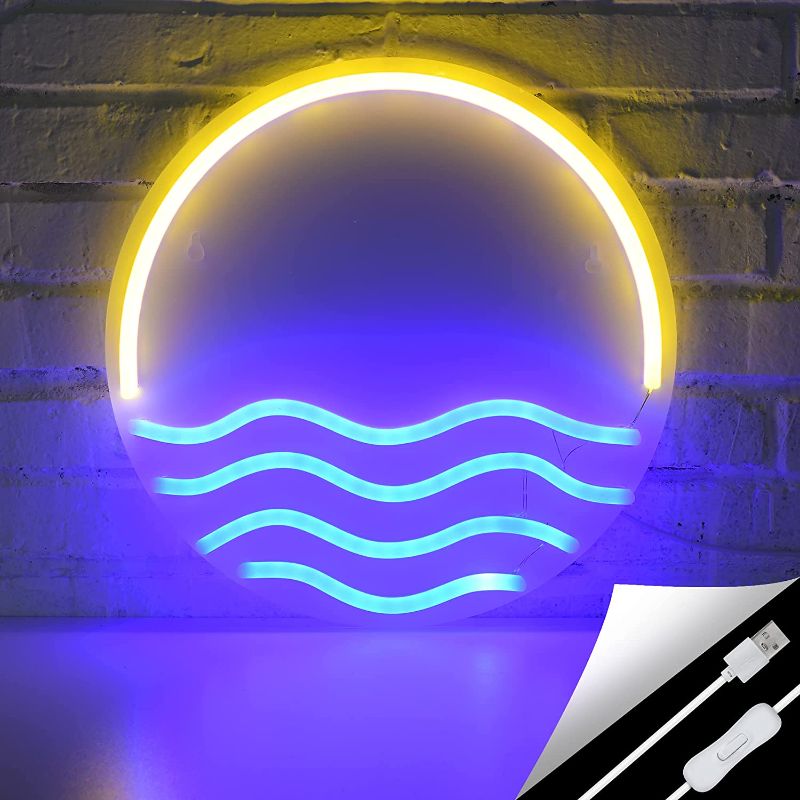 Photo 1 of Tropical Sunset & Sea LED Neon Sign 12x12" - Beautiful Handmade Wall Decor Cool Lights for Bedroom, Living Room, Kitchen. Sturdy Acrylic, Brilliant Colors, USB Powered for Romantic Mood (Yellow)
