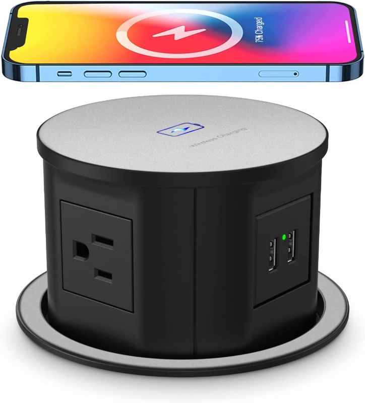 Photo 1 of Automatic Pop up Power Outlet with 15W Wireless Charger,Pop up Electrical Outlets for Countertops,4.7'' Diameter Round Pop Up Counter Outlet with 4 Outlets,2 USB,Hidden Outlet,Pop Out Outlet
