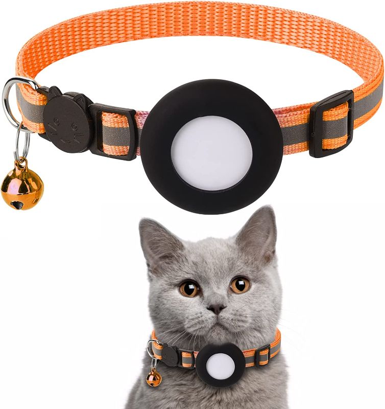 Photo 1 of Airtag Cat Collar, Air tag Cat Collar with Bell and Safety Buckle in 3/8" Width, Reflective Collar with Waterproof Airtag Holder Compatible with Apple Airtag for Cat Dog Kitten Puppy
