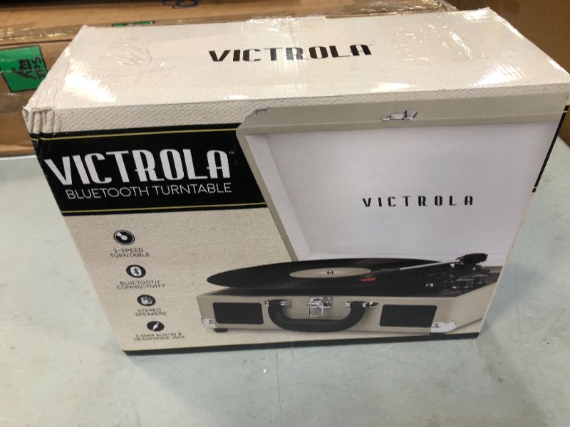 Photo 4 of Victrola Vintage 3-Speed Bluetooth Portable Suitcase Record Player with Built-in Speakers | Upgraded Turntable Audio Sound | Light Grey Light Grey Record Player