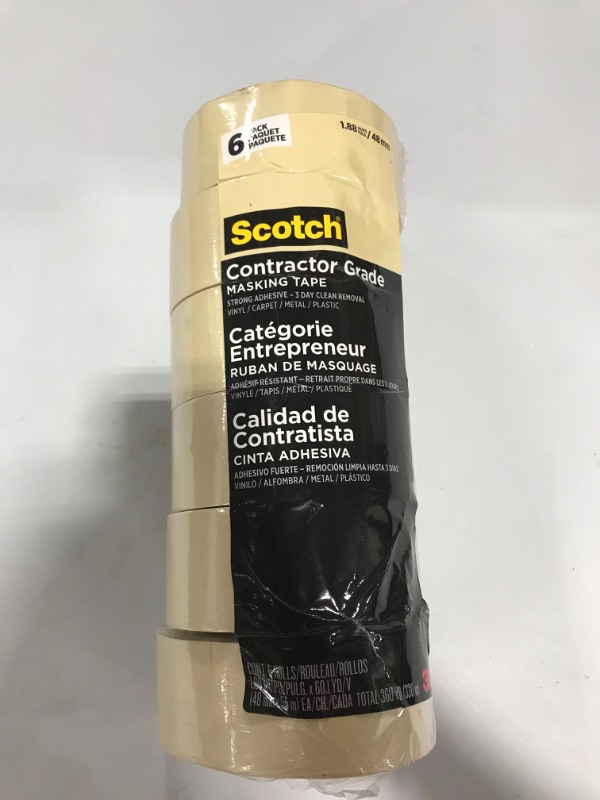 Photo 3 of 3M Scotch 1.88 in. x 60.1 yds. Contractor Grade Masking Tape (6-Pack). OPEN PACKAGE. 1 ROLL DAMAGED.
